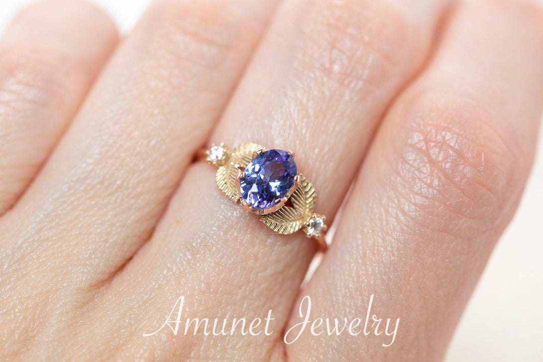 Engagement ring with tanzanite, leaf ring nature inspired design, engagement ring - Amunet Jewelry