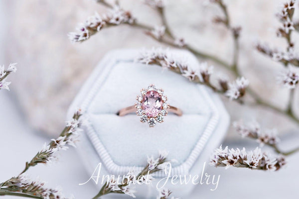 Morganite engagement halo ring, engagement ring, diamond ring. oval morganite ring. - Amunet Jewelry