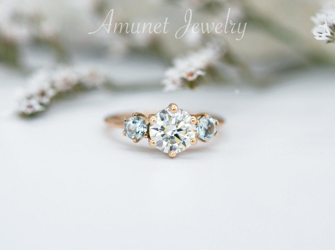 Moissanite three stone ring, three stone cluster ring, engagement ring, aquamarine engagement ring. - Amunet Jewelry