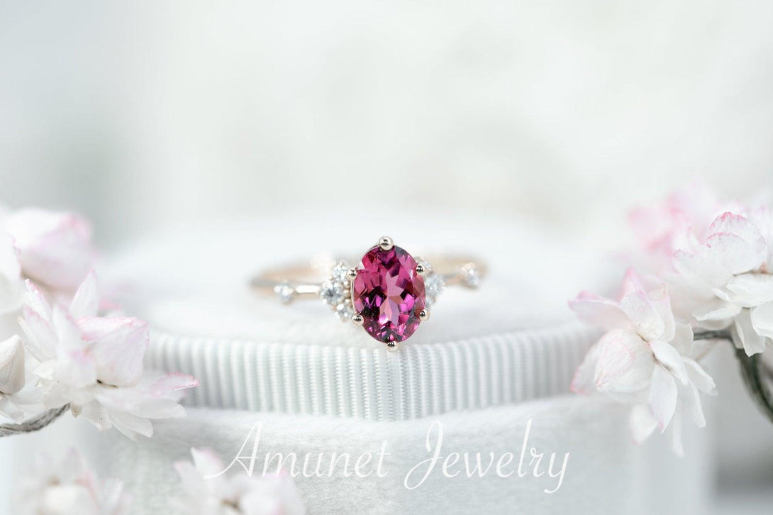 Ring with rubellite pink tourmaline, engagement ring, oval tourmaline, cluster ring, diamond ring - Amunet Jewelry