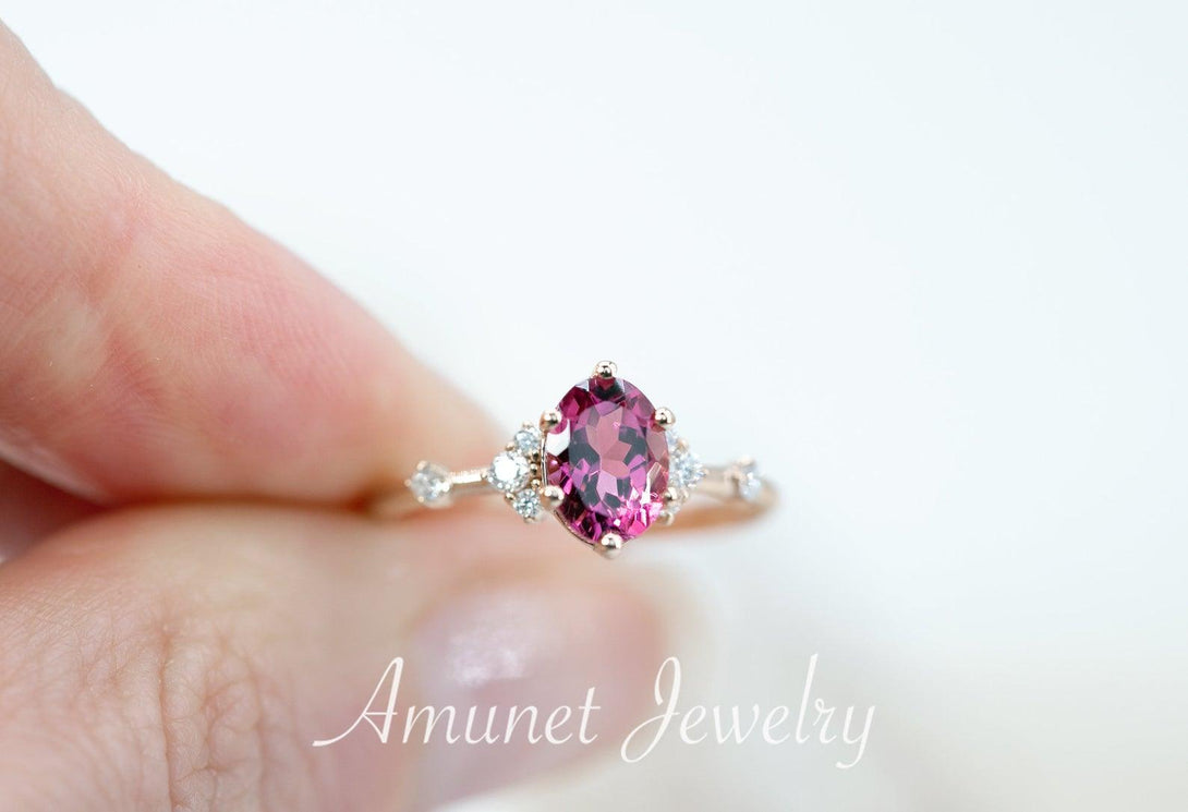 Ring with rubellite pink tourmaline, engagement ring, oval tourmaline, cluster ring, diamond ring - Amunet Jewelry