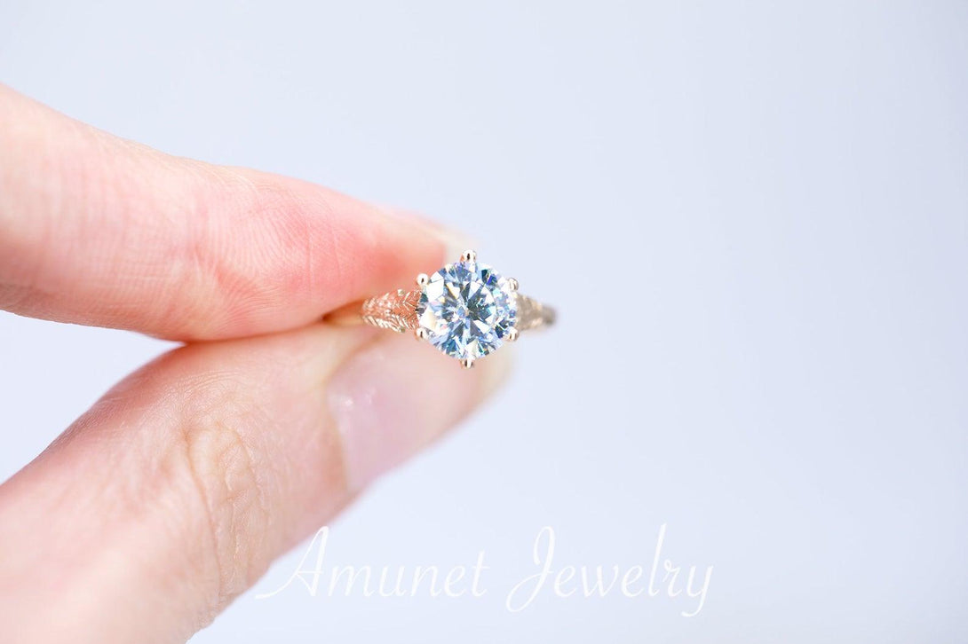 Charles and Colvard moissanite solitaire ring, leaf design, engagement ring. - Amunet Jewelry