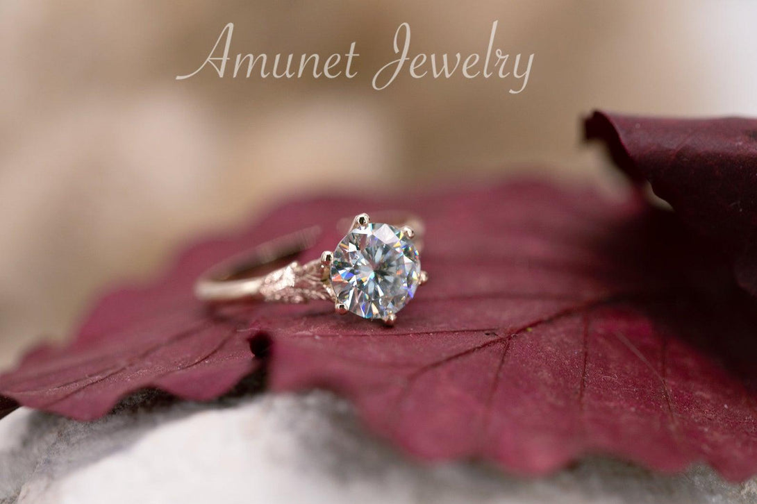 Charles and Colvard moissanite solitaire ring, leaf design, engagement ring. - Amunet Jewelry