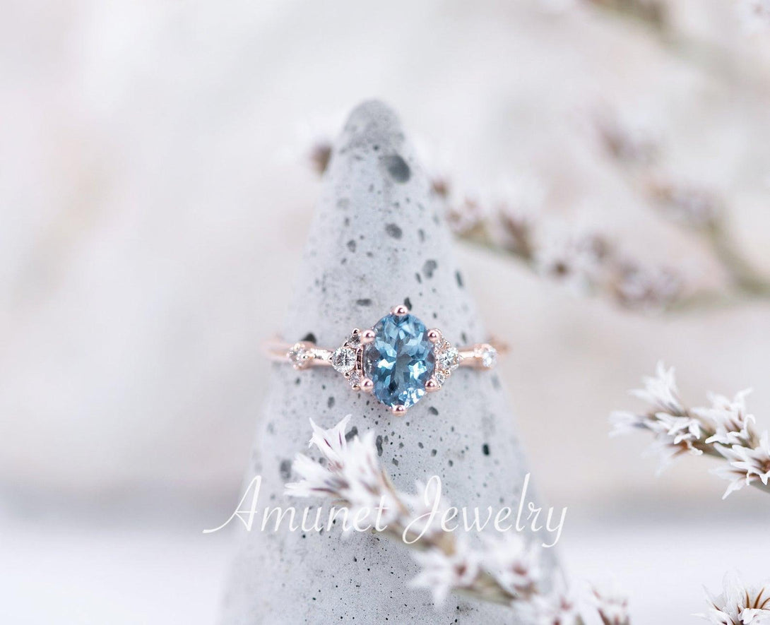 Engagement ring with a aquamarine,cluster ring, diamond engagement ring,vintage ring - Amunet Jewelry