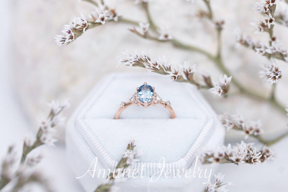 Engagement ring with a aquamarine,cluster ring, diamond engagement ring,vintage ring - Amunet Jewelry