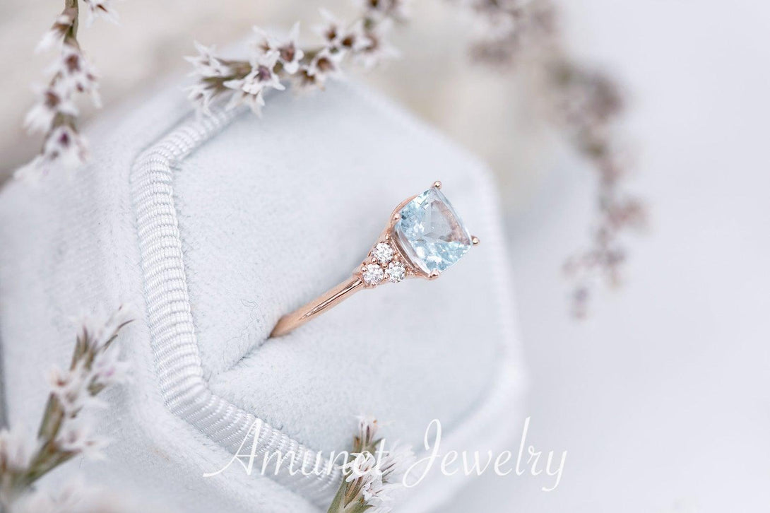 Engagement ring with blue aquamarine cushion, , cushion cluster aquamarine ring, cluster diamond ring. - Amunet Jewelry