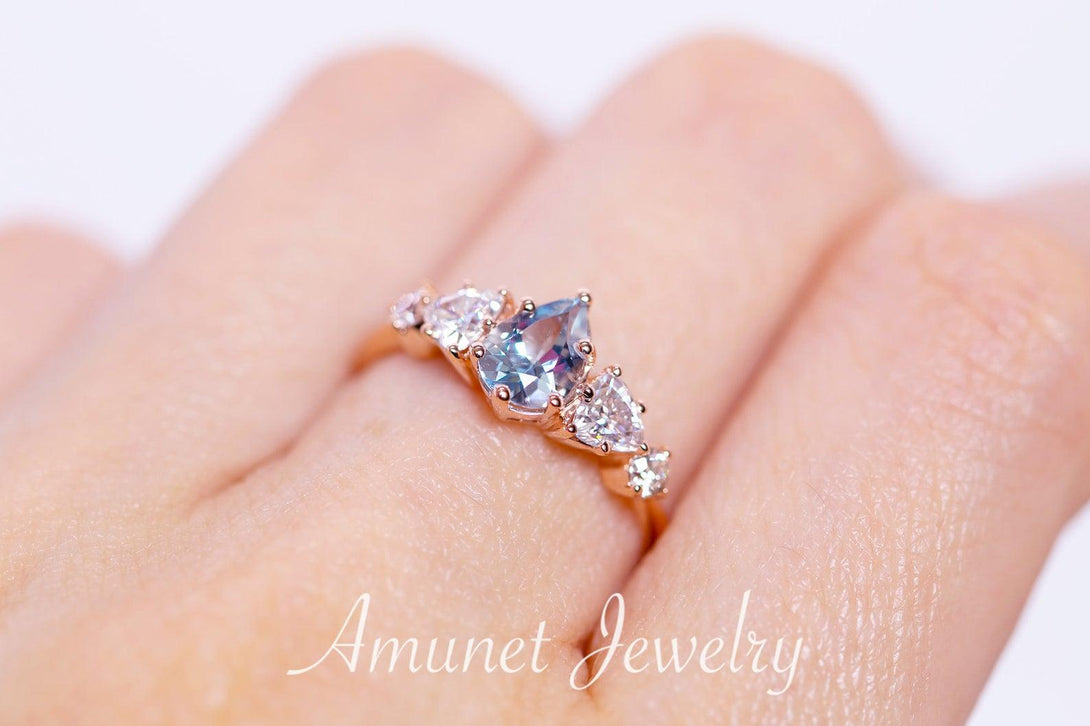 Engagement ring with a aquamarine and trillion moissanites, Charles & Colvard moissanites,cluster ring - Amunet Jewelry