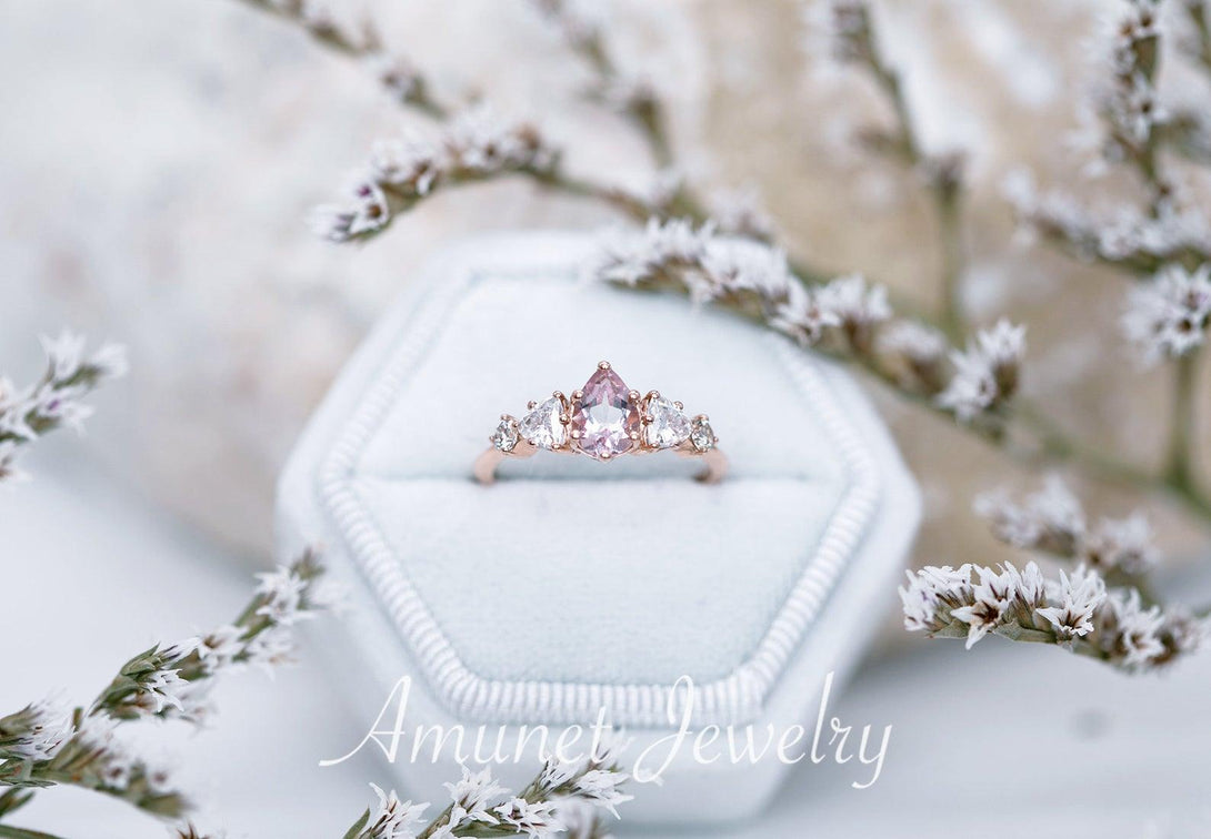 Engagement ring with a pink morganite, cluster ring, Charles & Colvard engagement ring - Amunet Jewelry