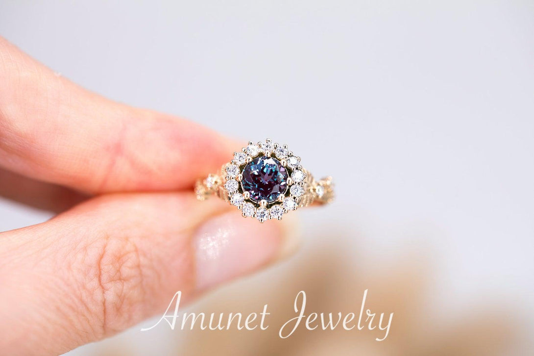 Chatham Alexandrite halo ring,leaf ring,solid gold ring,cluster ring,nature inspired ring,unique engagement ring. - Amunet Jewelry