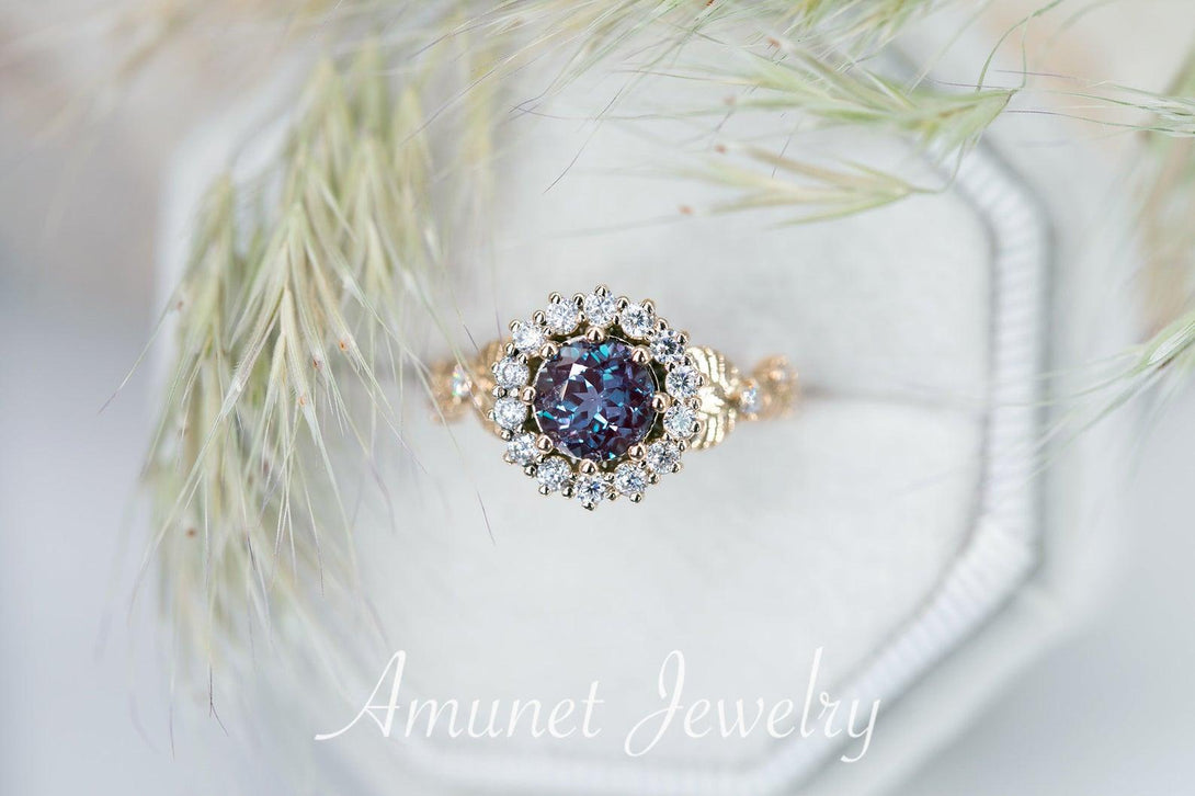 Chatham Alexandrite halo ring,leaf ring,solid gold ring,cluster ring,nature inspired ring,unique engagement ring. - Amunet Jewelry