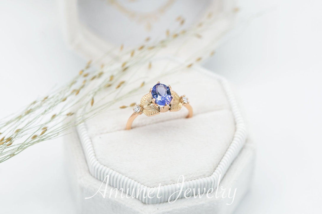 Engagement ring with tanzanite, leaf ring nature inspired design, engagement ring - Amunet Jewelry