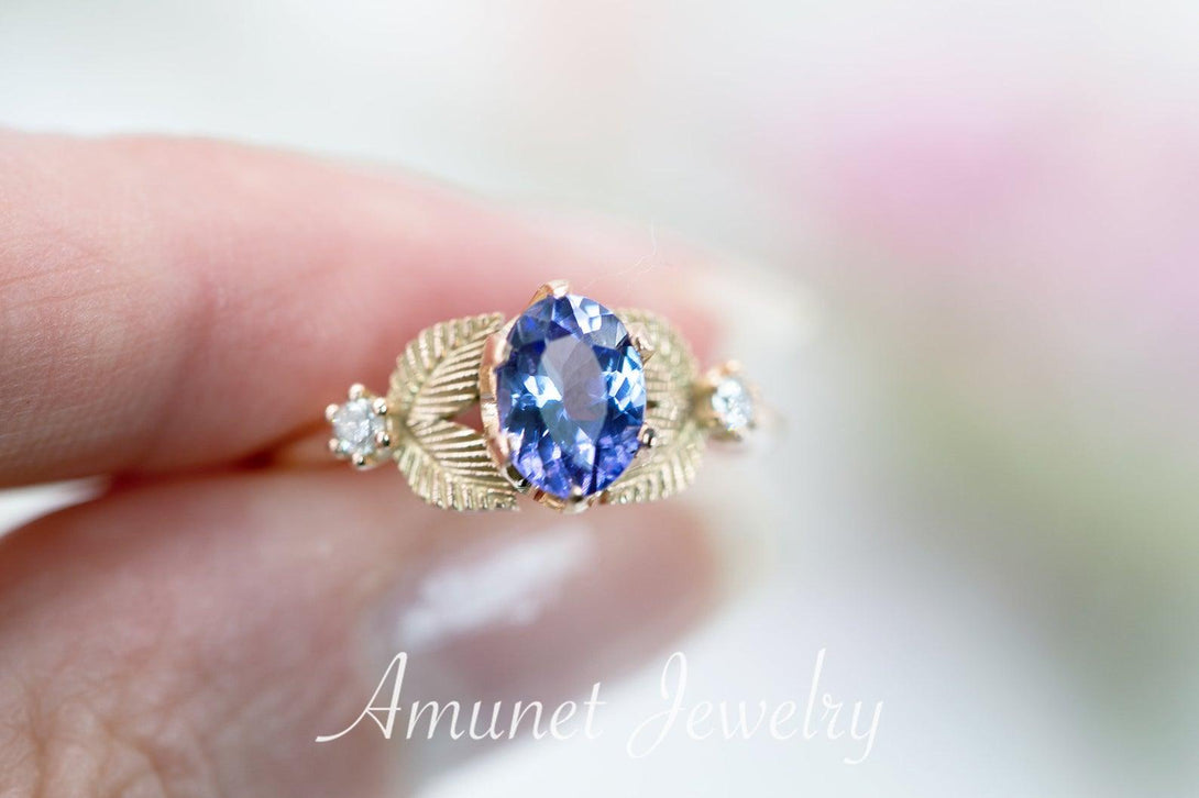 Engagement ring with tanzanite, leaf ring nature inspired design, engagement ring - Amunet Jewelry