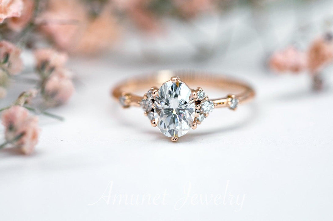 Engagement ring Charles & Colvard forever one moissanite, cluster ring, diamond ring, diamond engagement ring. - Amunet Jewelry