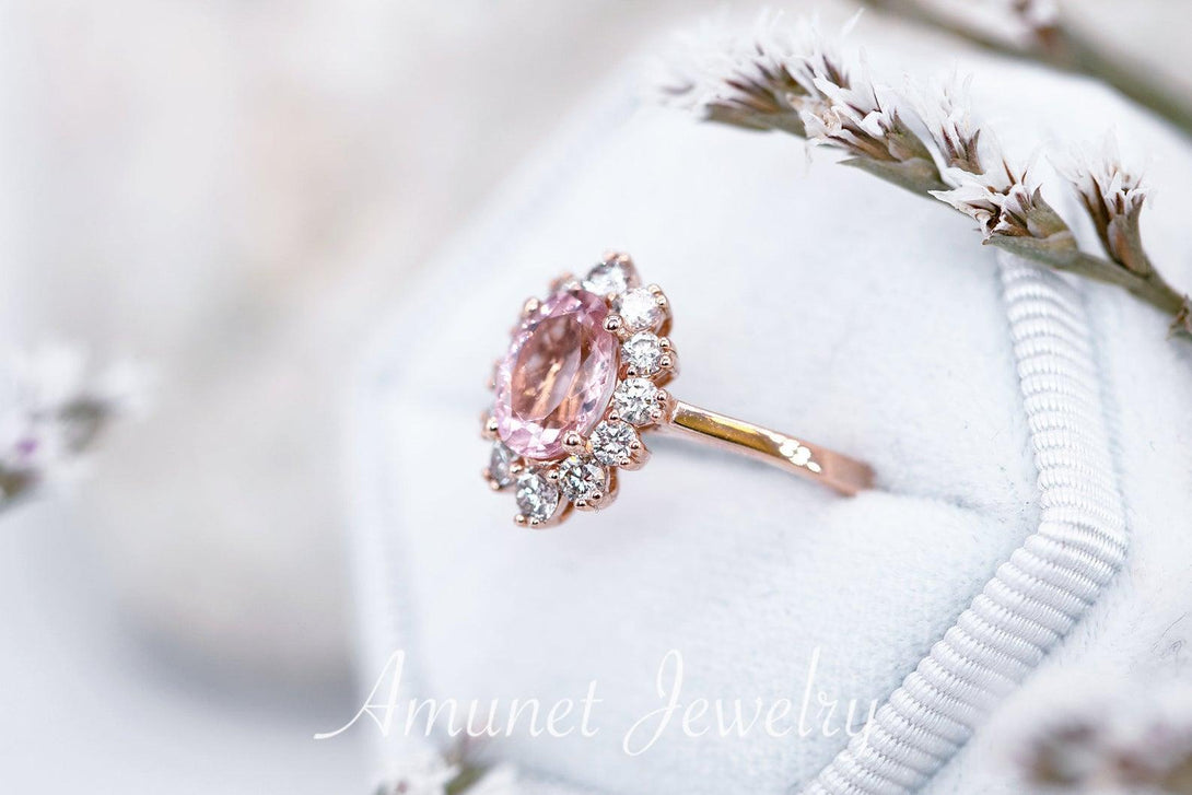 Morganite engagement halo ring, engagement ring, diamond ring. oval morganite ring. - Amunet Jewelry