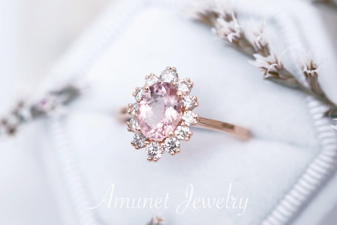 Morganite engagement halo ring, engagement ring, diamond ring. oval morganite ring. - Amunet Jewelry