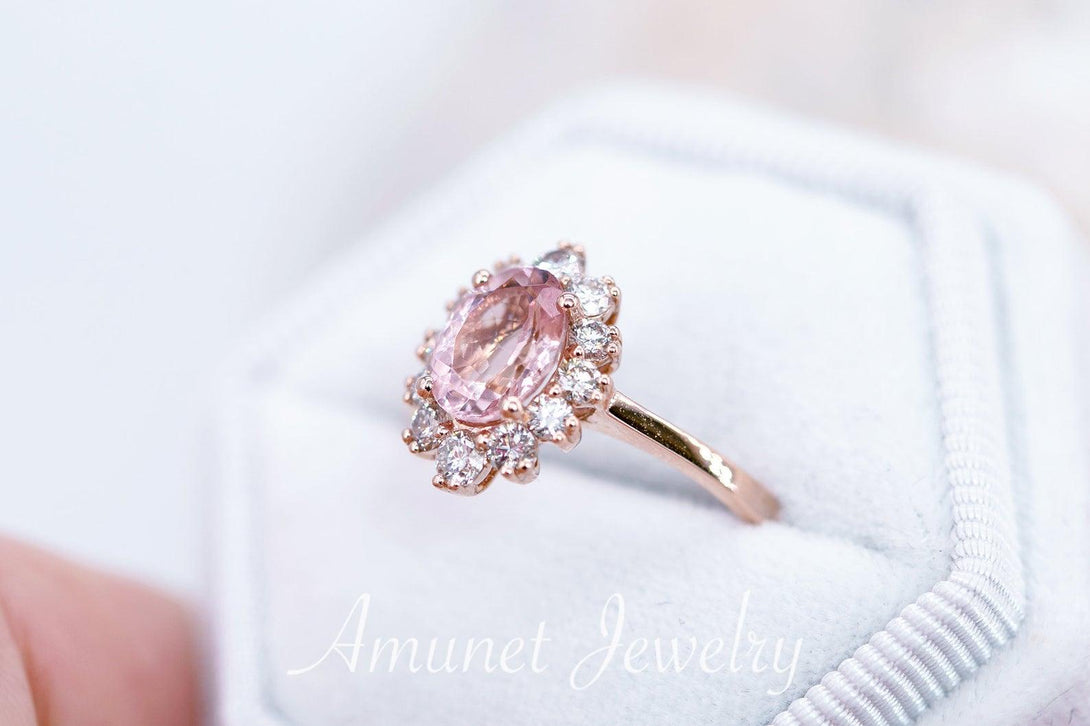 Morganite engagement halo ring, engagement ring, diamond ring. oval morganite ring. - Amunet Jewelry