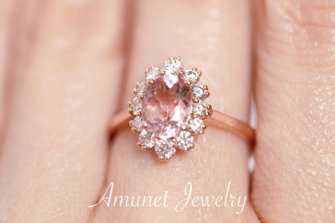 Morganite engagement halo ring, engagement ring, diamond ring. oval morganite ring. - Amunet Jewelry