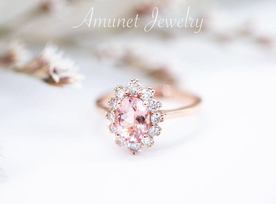 Morganite engagement halo ring, engagement ring, diamond ring. oval morganite ring. - Amunet Jewelry