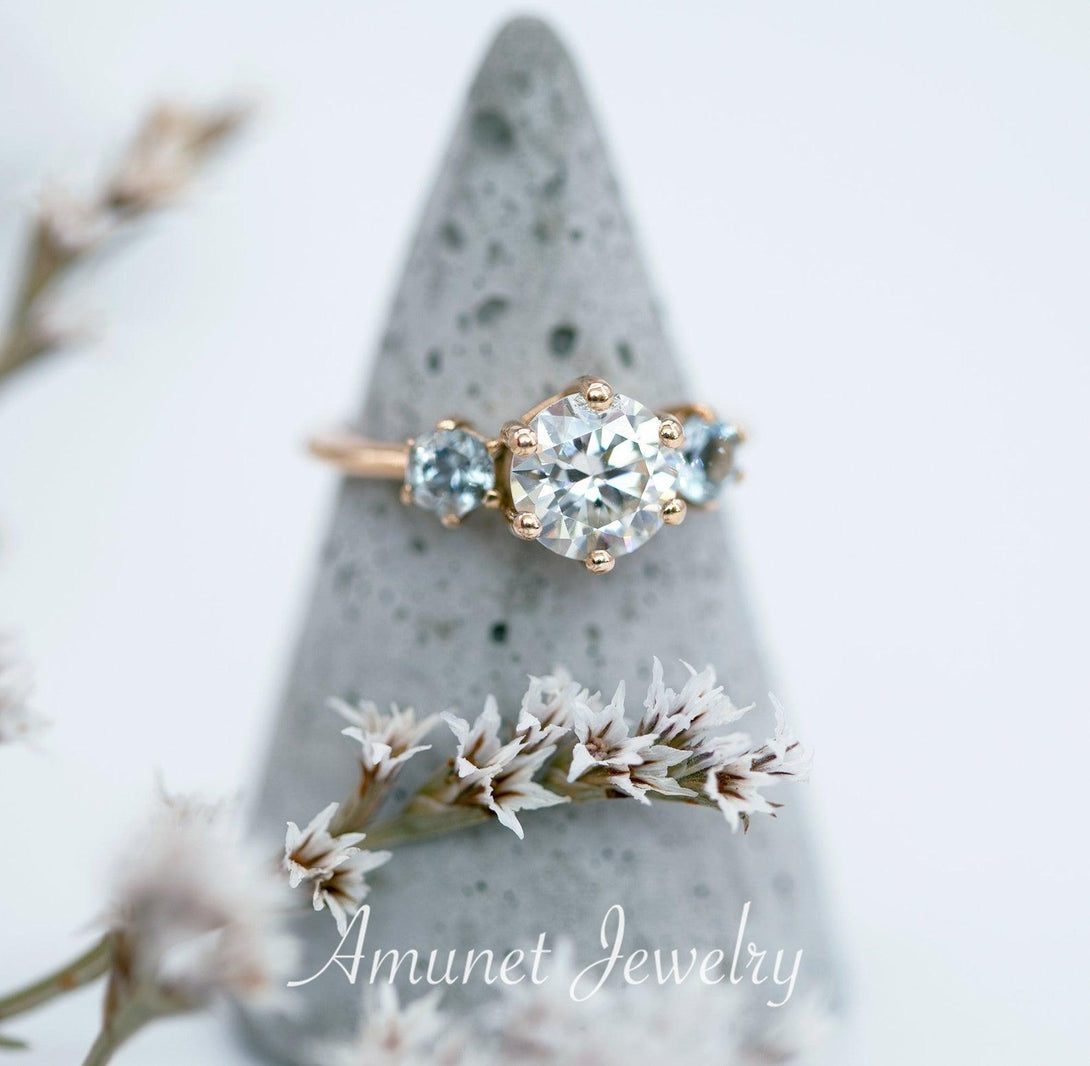 Moissanite three stone ring, three stone cluster ring, engagement ring, aquamarine engagement ring. - Amunet Jewelry