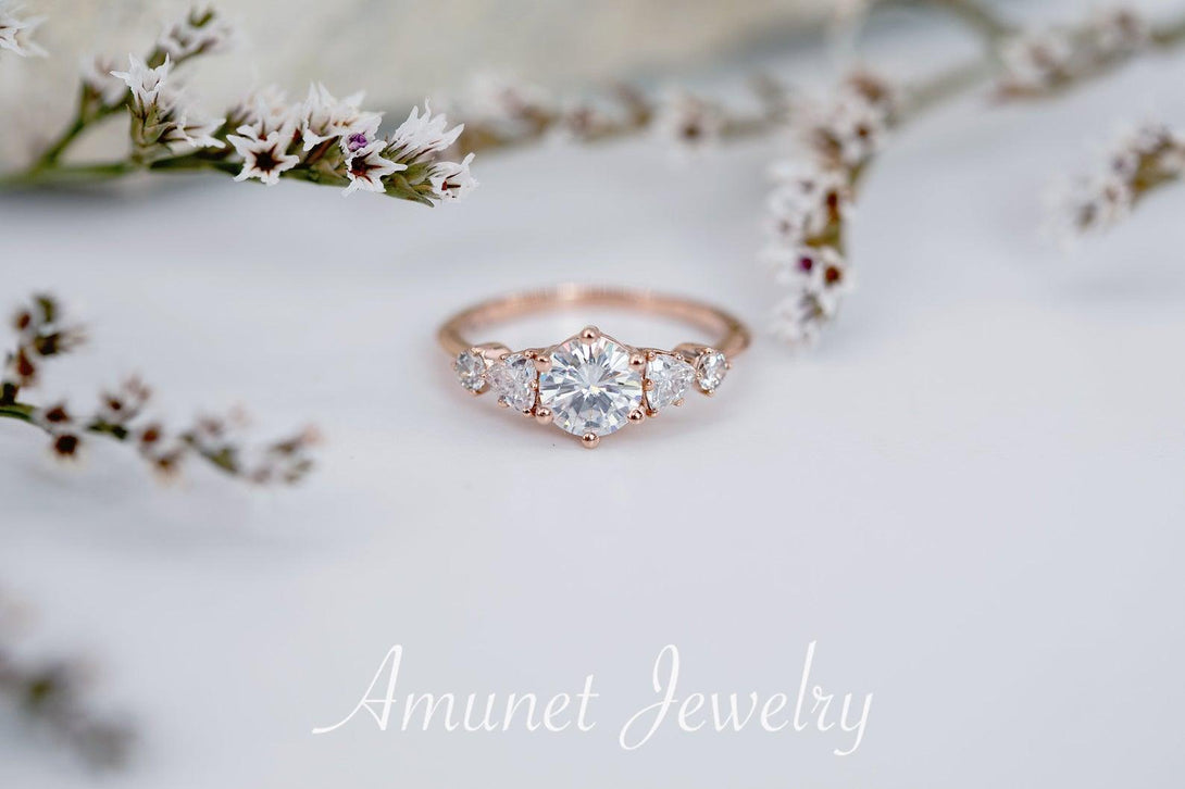 Engagement ring with Charles & Colvard moissanite,cluster ring, diamond engagement ring,unique ring,vintage style ring. - Amunet Jewelry