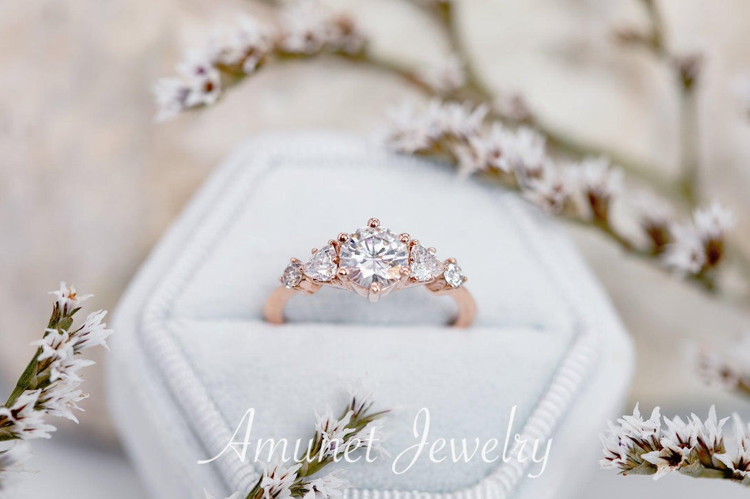 Engagement ring with Charles & Colvard moissanite,cluster ring, diamond engagement ring,unique ring,vintage style ring. - Amunet Jewelry