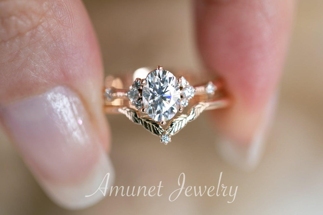 Engagement ring Charles & Colvard forever one moissanite, cluster ring, diamond ring, diamond engagement ring. - Amunet Jewelry