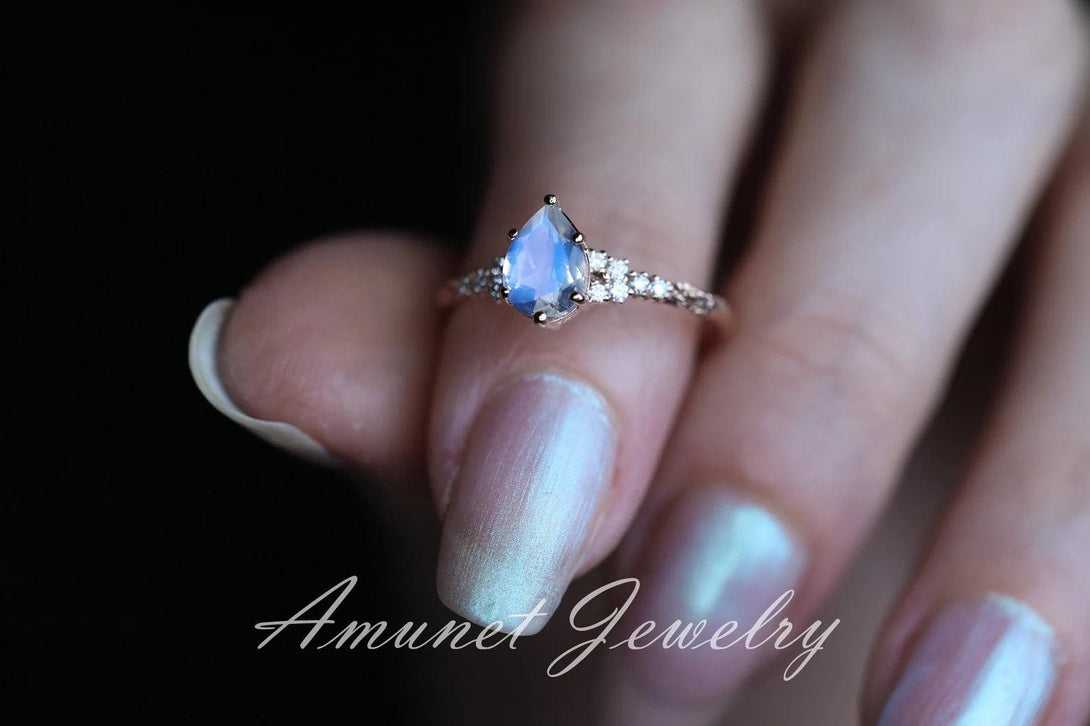 Moonstone diamond ring, engagement ring, leaf design ring, unique ring, moonstone ring - Amunet Jewelry