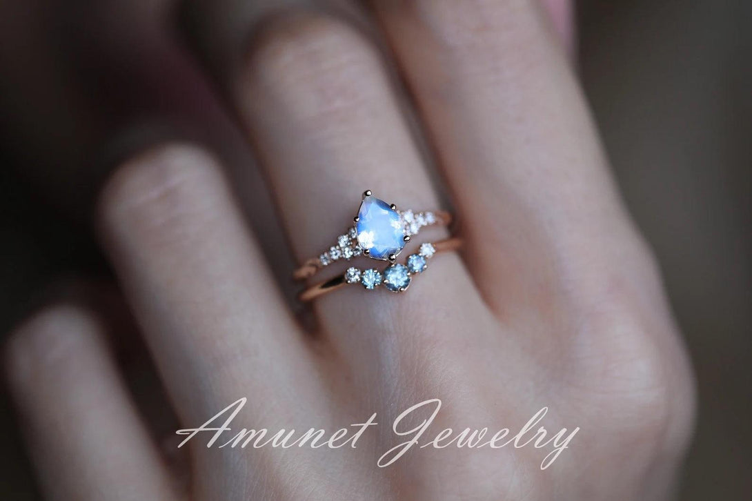 Moonstone diamond ring, engagement ring, leaf design ring, unique ring, moonstone ring - Amunet Jewelry