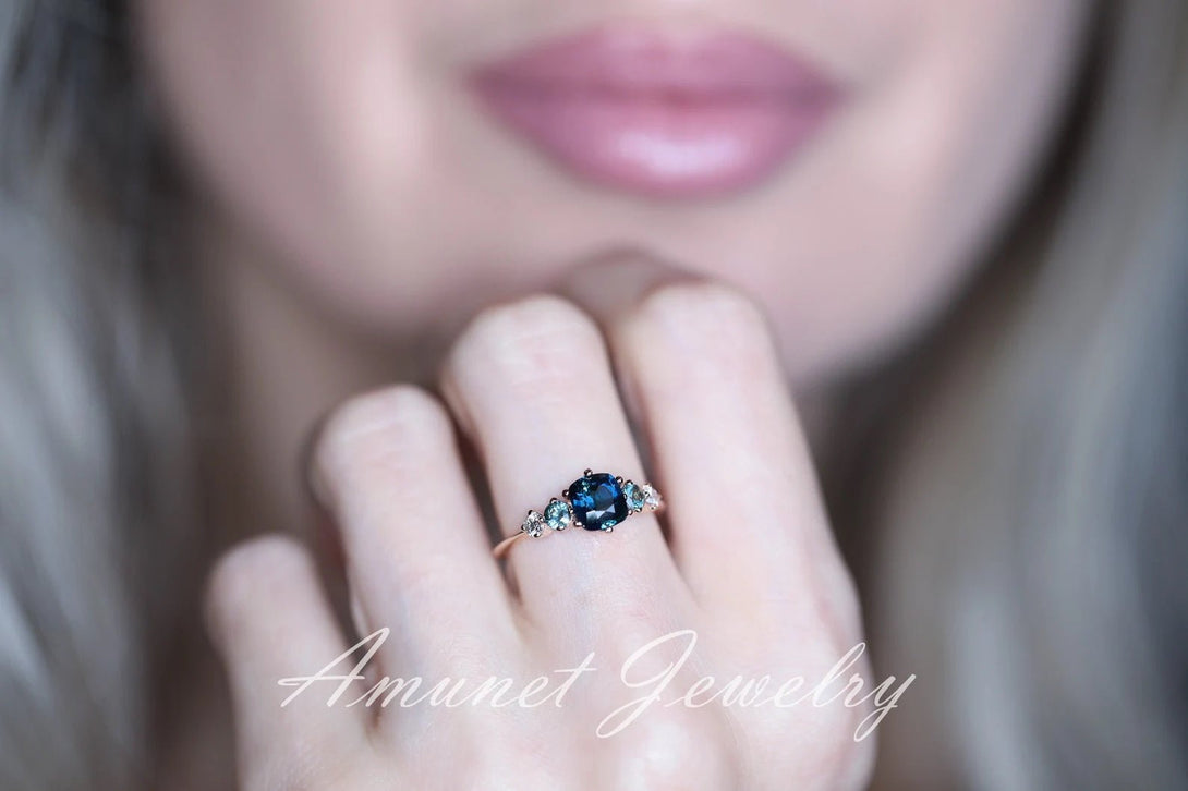 Sapphire ring,peacock sapphire engagement ring , cushion unheated sapphire ring,unique ring. - Amunet Jewelry