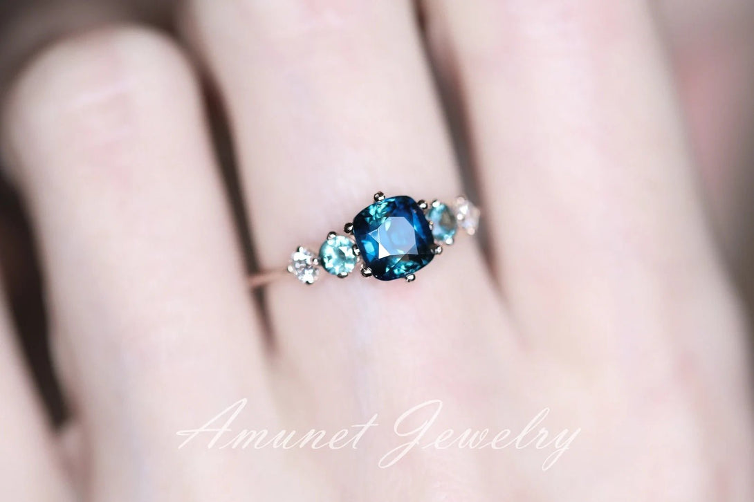 Sapphire ring,peacock sapphire engagement ring , cushion unheated sapphire ring,unique ring. - Amunet Jewelry