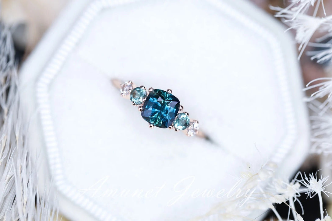 Sapphire ring,peacock sapphire engagement ring , cushion unheated sapphire ring,unique ring. - Amunet Jewelry