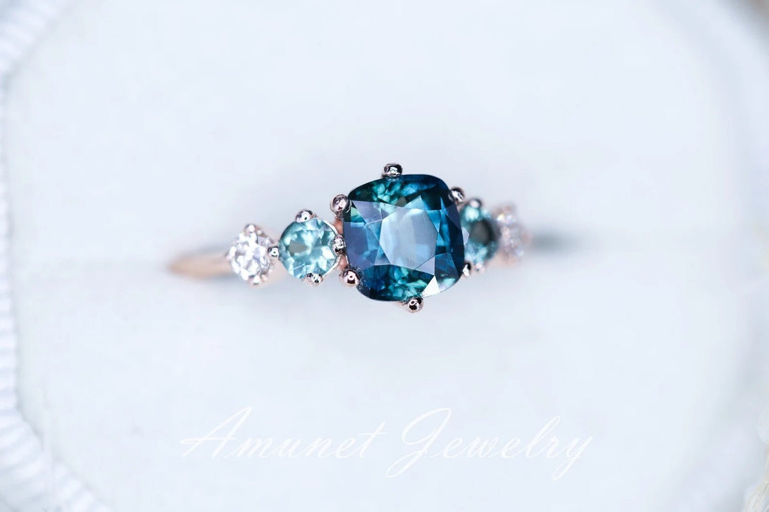 Sapphire ring,peacock sapphire engagement ring , cushion unheated sapphire ring,unique ring. - Amunet Jewelry