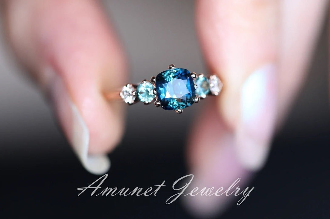 Sapphire ring,peacock sapphire engagement ring , cushion unheated sapphire ring,unique ring. - Amunet Jewelry