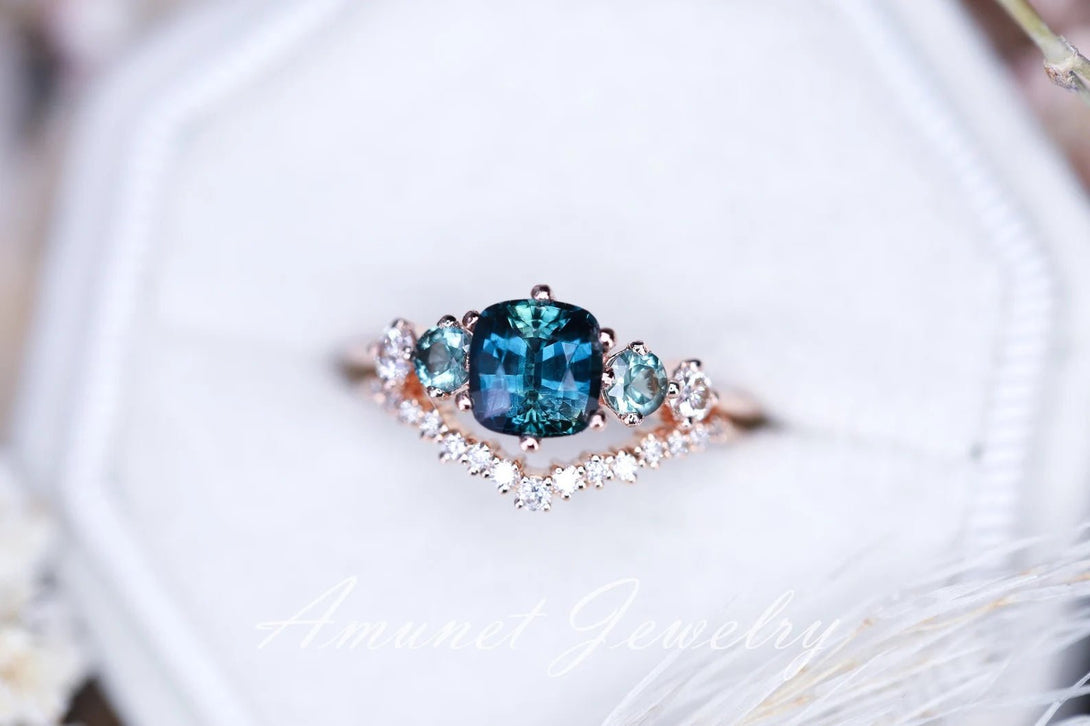 Sapphire ring,peacock sapphire engagement ring , cushion unheated sapphire ring,unique ring. - Amunet Jewelry