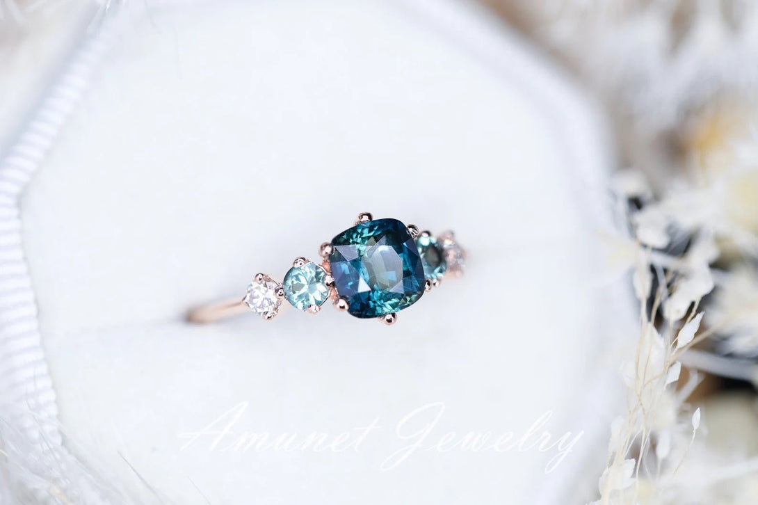 Sapphire ring,peacock sapphire engagement ring , cushion unheated sapphire ring,unique ring. - Amunet Jewelry