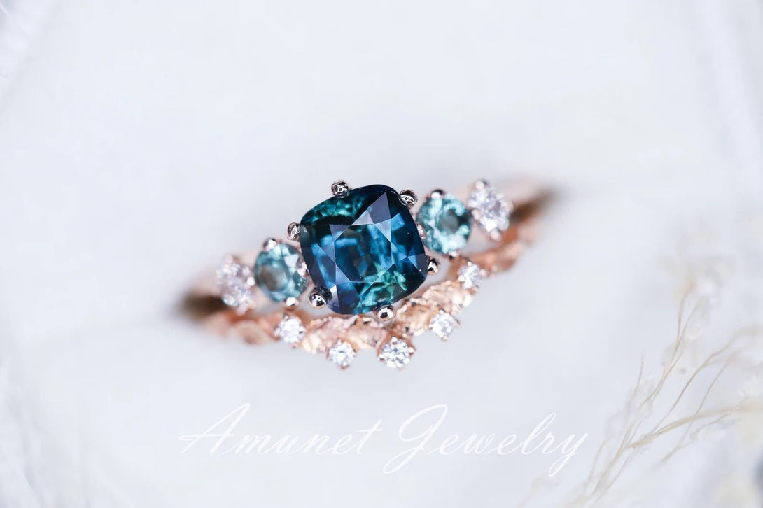 Sapphire ring,peacock sapphire engagement ring , cushion unheated sapphire ring,unique ring. - Amunet Jewelry