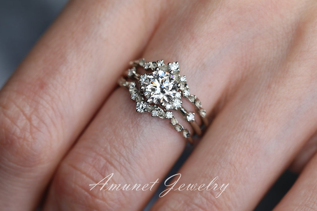 Round diamond engagement ring, lab diamond ring cluster ring,cluster ring, diamond unique ring, vintage ring. - Amunet Jewelry