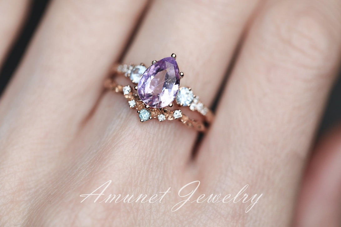 Lavender sapphire ring,Ceylon sapphire ring, pear sapphire ring, diamond ring, engagement ring,unique ring. - Amunet Jewelry