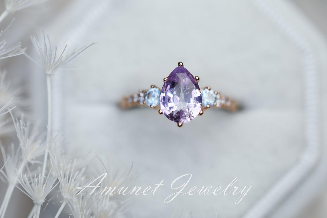 Lavender sapphire ring,Ceylon sapphire ring, pear sapphire ring, diamond ring, engagement ring,unique ring. - Amunet Jewelry