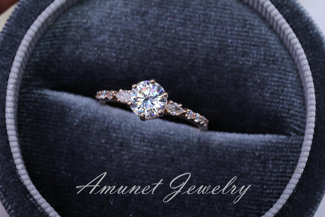 Charles & Colvard moissanite engagement ring with a lovely round stone, moissanite ring, engagement ring, unique ring - Amunet Jewelry