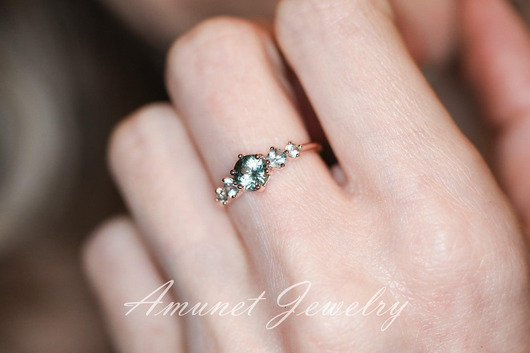 Green sapphire ring,montana sapphire engagement ring, sapphire cluster ring,unique ring. - Amunet Jewelry