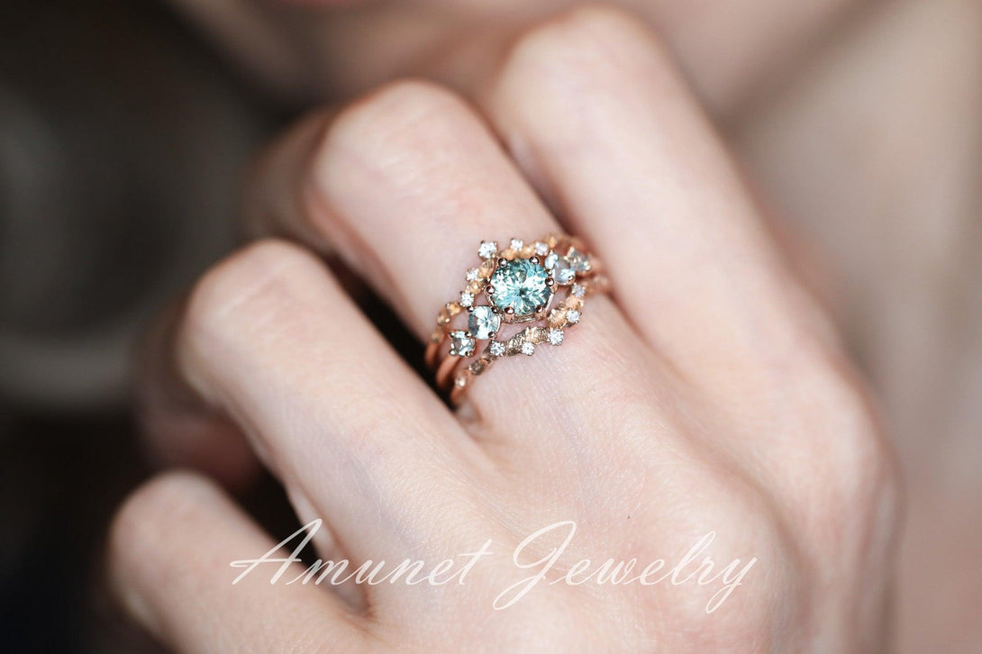 Green sapphire ring,montana sapphire engagement ring, sapphire cluster ring,unique ring. - Amunet Jewelry