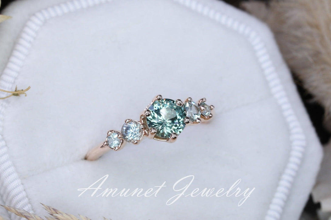 Green sapphire ring,montana sapphire engagement ring, sapphire cluster ring,unique ring. - Amunet Jewelry