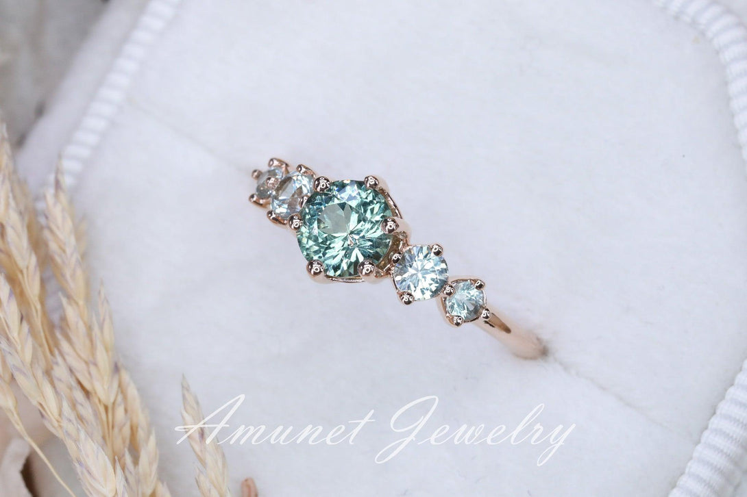 Green sapphire ring,montana sapphire engagement ring, sapphire cluster ring,unique ring. - Amunet Jewelry