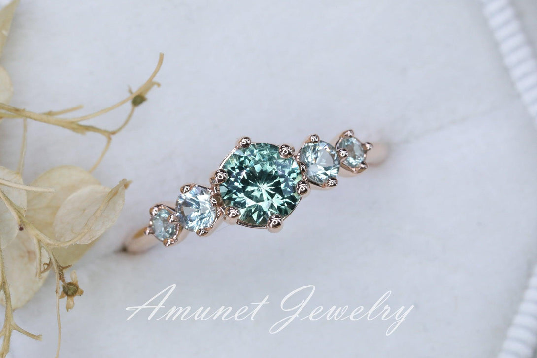 Green sapphire ring,montana sapphire engagement ring, sapphire cluster ring,unique ring. - Amunet Jewelry