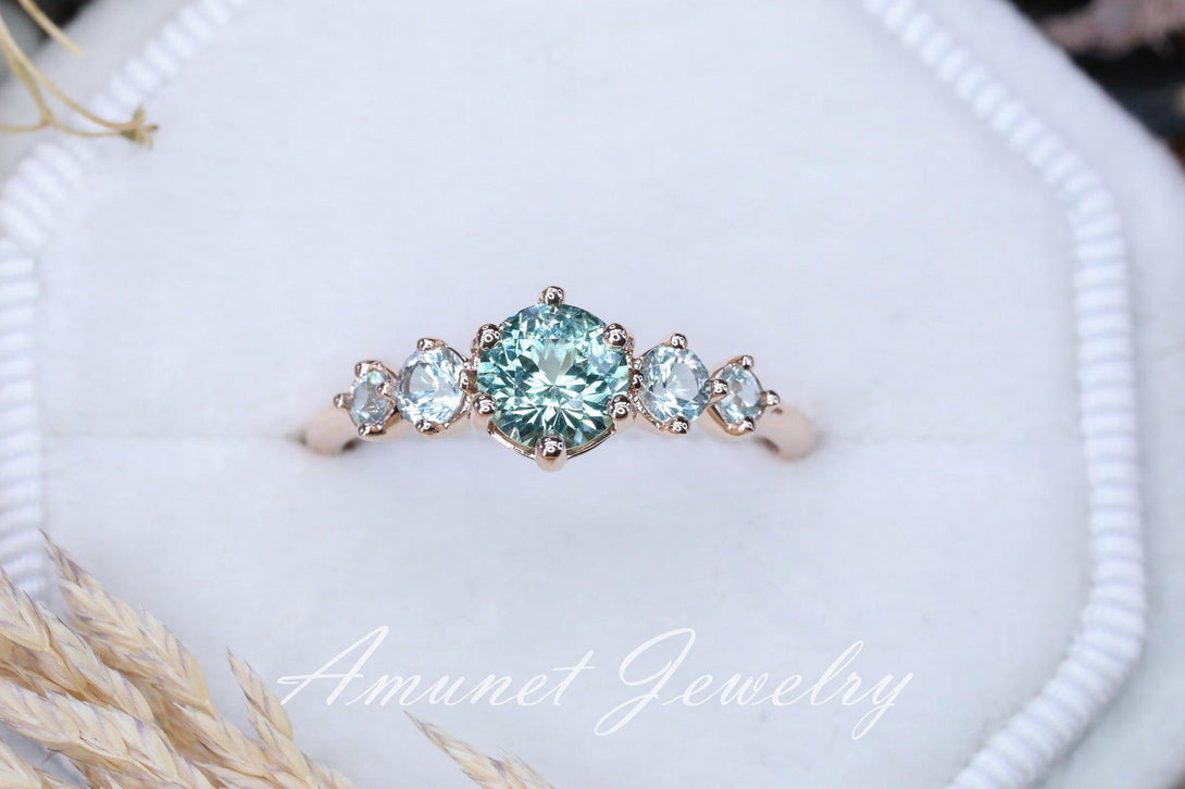 Green sapphire ring,montana sapphire engagement ring, sapphire cluster ring,unique ring. - Amunet Jewelry