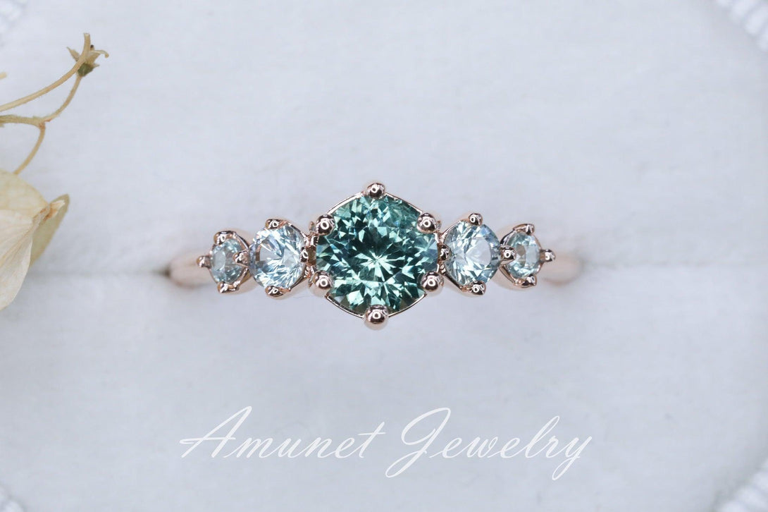 Green sapphire ring,montana sapphire engagement ring, sapphire cluster ring,unique ring. - Amunet Jewelry