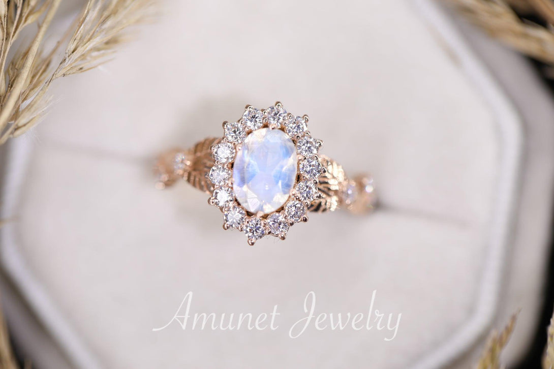 Rainbow moonstone ring, oval moonstone engagement ring, moonstone halo ring,leaf ring. - Amunet Jewelry