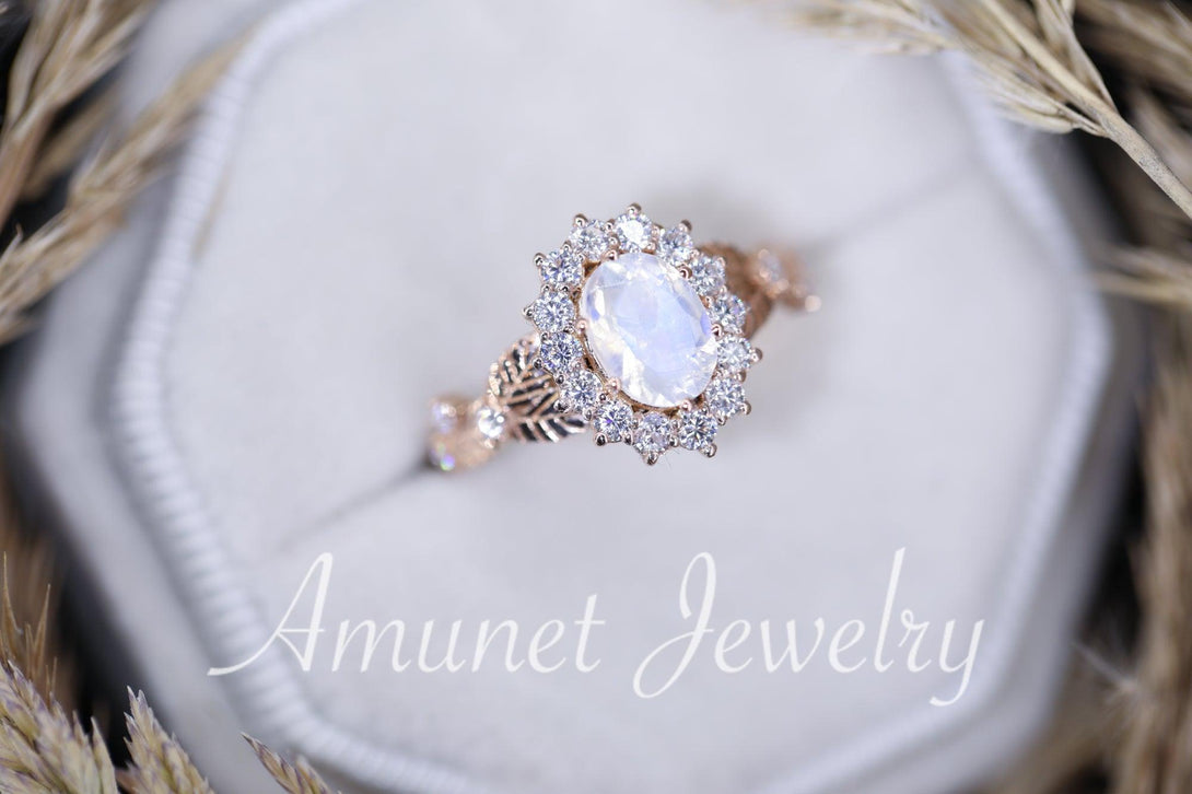 Rainbow moonstone ring, oval moonstone engagement ring, moonstone halo ring,leaf ring. - Amunet Jewelry