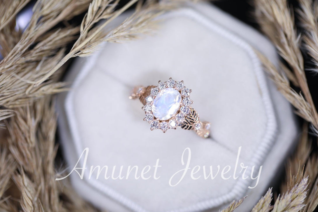 Rainbow moonstone ring, oval moonstone engagement ring, moonstone halo ring,leaf ring. - Amunet Jewelry